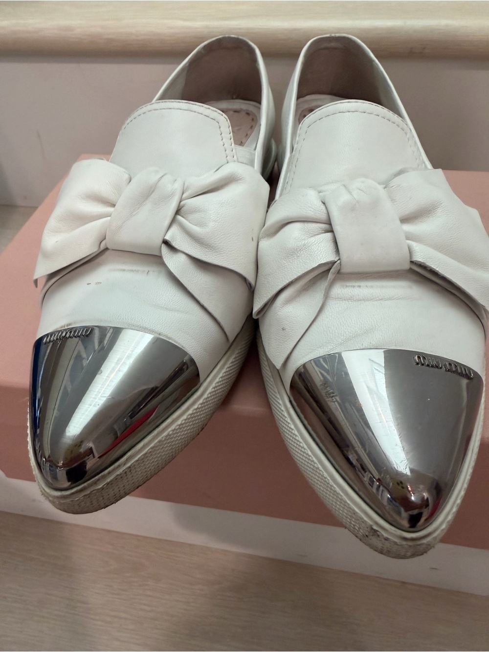 Miu Miu White Leather Bow Slip-On Sneakers with Silver Toe Cap